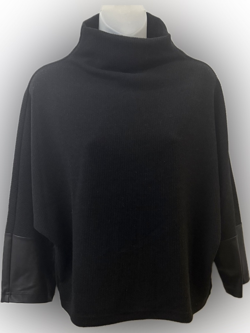 Ciara Sun Woo Women's Black Turtleneck Sweater with Leather-Trim Sleeves | Sz L